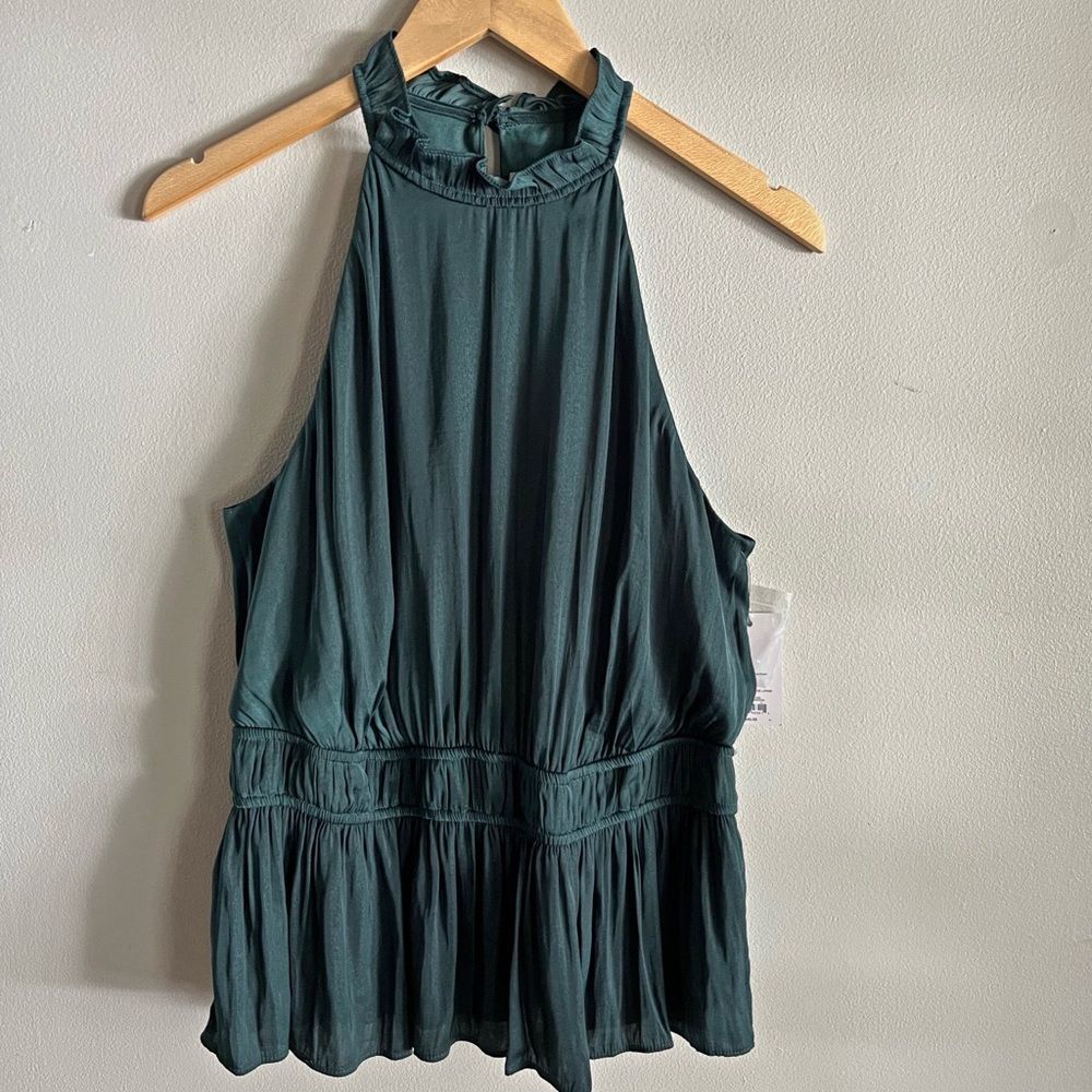 NWT Nine West Green Sleeveless Peplum Blouse Ruffle Mock Neck Size Large